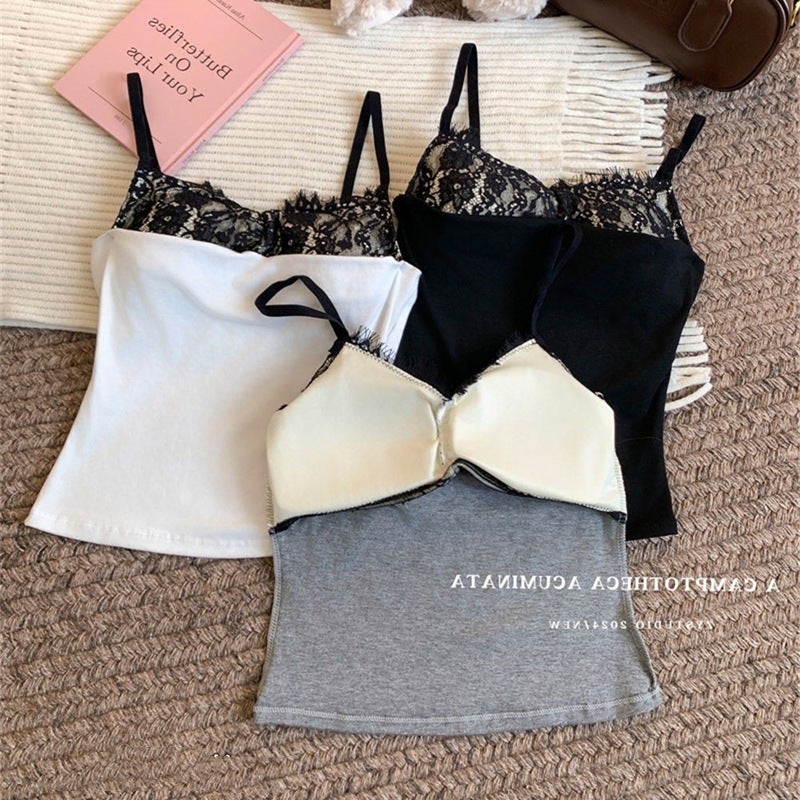 2025 Spring New Pure Style Lace Stitching With Chest Pad Beauty Back Vest Sling Top White - Image 3